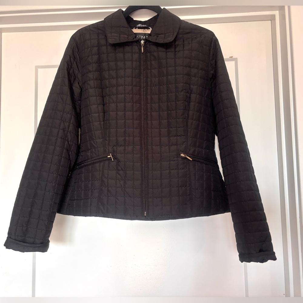 Platinum Utex Womens Black Quilted Lightweight Zip Up Coat, Zip Pockets Sz L